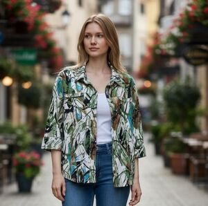 Company Collection Cotton Abstract Leaf-Print Button Down Shirt Green/Blue/Brown